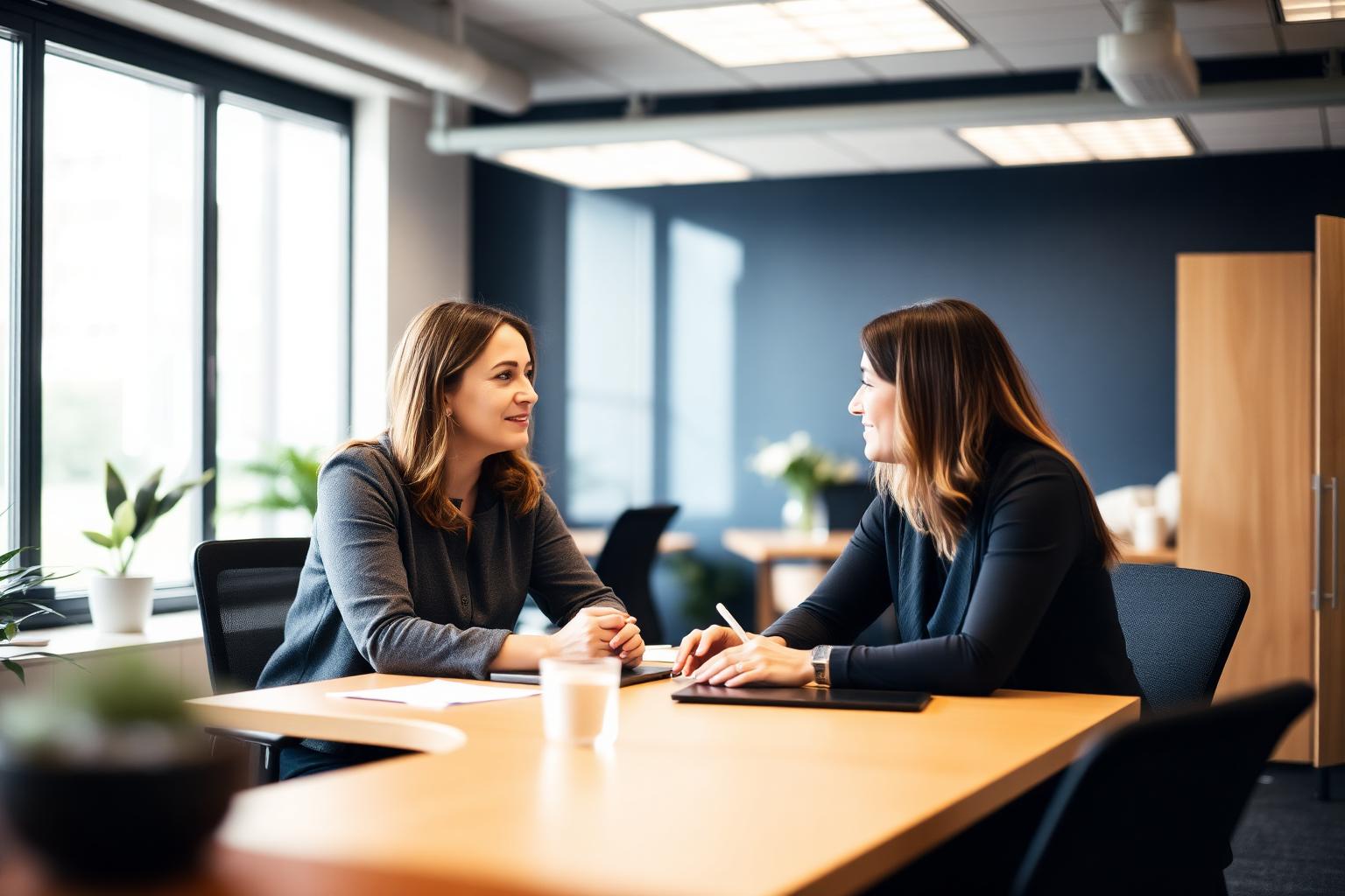 A supportive one-to-one workplace needs assessment conversation in a calm office