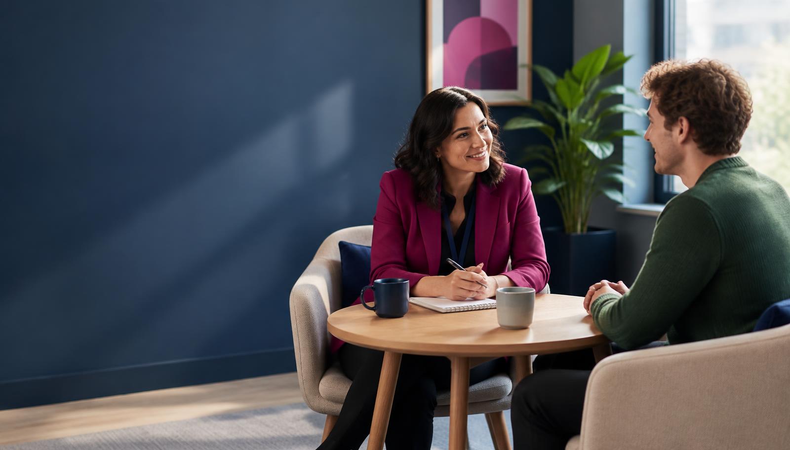 Two people in conversation at a table in a bright office