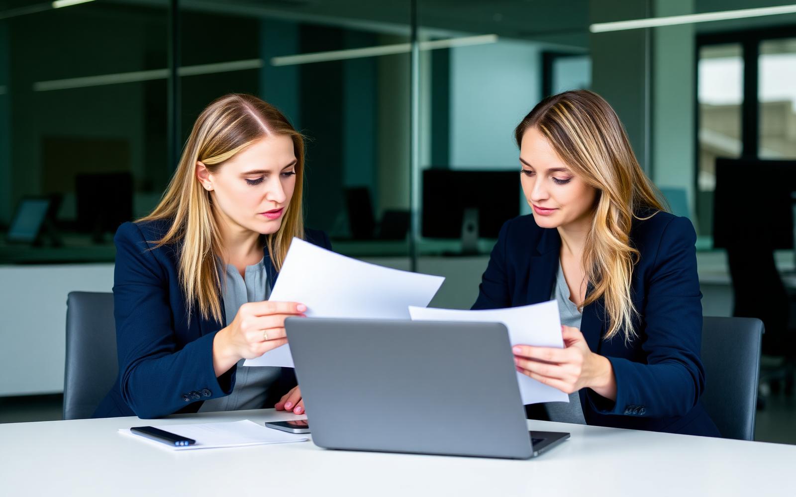 Two HR professionals reviewing policy documents together in an office