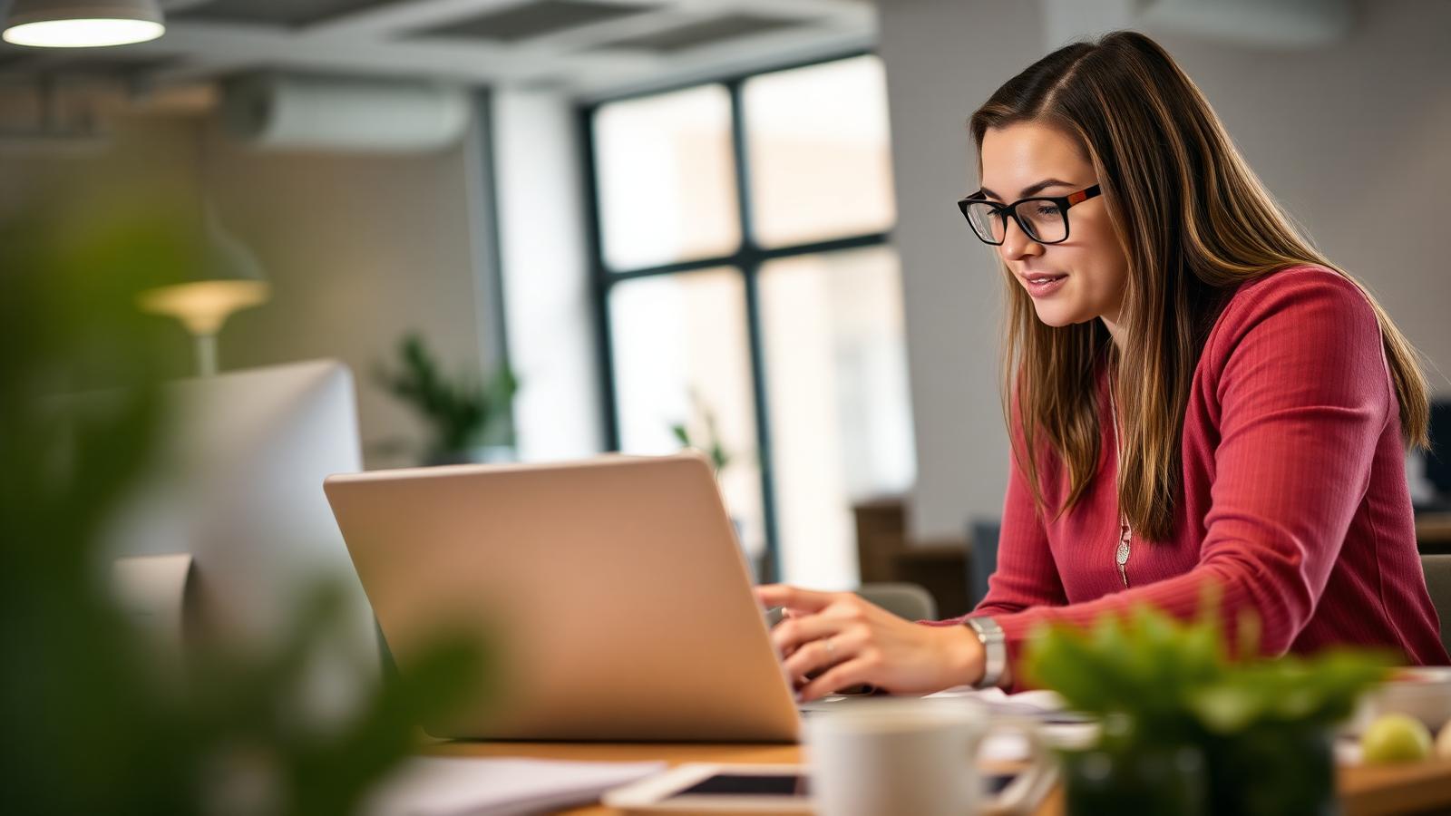 A learning designer reviewing training content on a laptop with a colleague